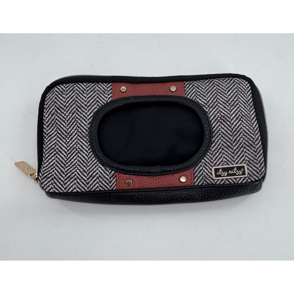Itzy Ritzy Travel Baby Wipes Case Black White Herringbone Vegan Leather Trim